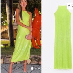 NWT Zara Dress Women’s L Neon Green Sequin Sleeveless Midi Slit Open High Neck